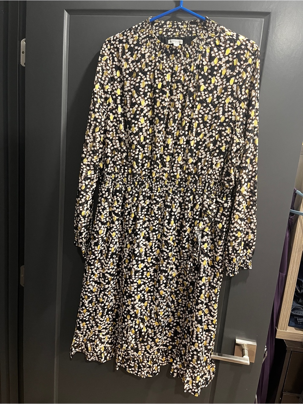 Black Floral Smocked-Waist Dress with Gold Accents